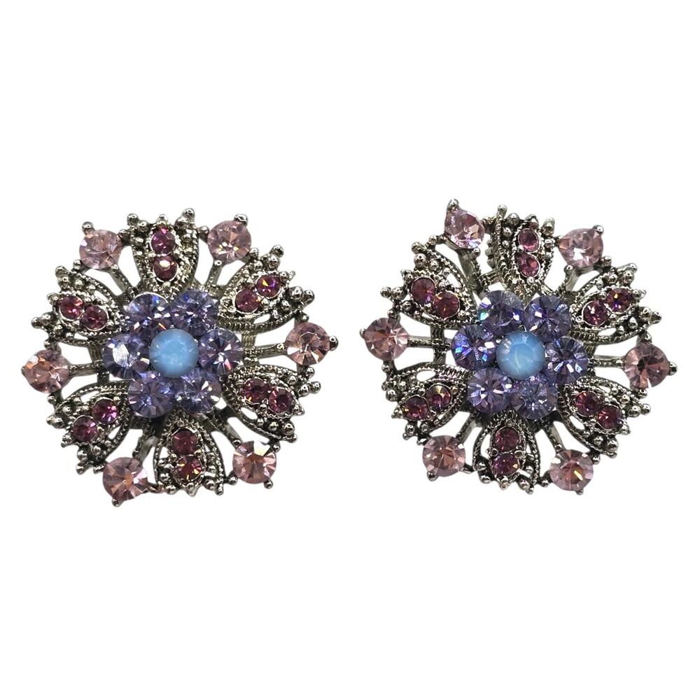 Earrings Vintage Floral Intricate Ornate Rhinestones Purple Tones Pierced SK3360